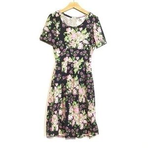 LuLaRoe xs Dress Amelia Roses Midi Dress Pink Black Floral Elbow Sleeve
